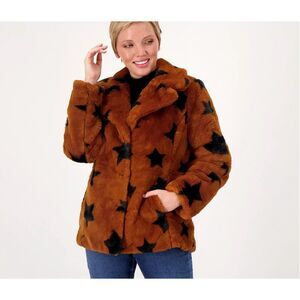 Thread Collective Womens Medium Faux Bunny Star Coat Cognac Brown Pockets NWT‎
